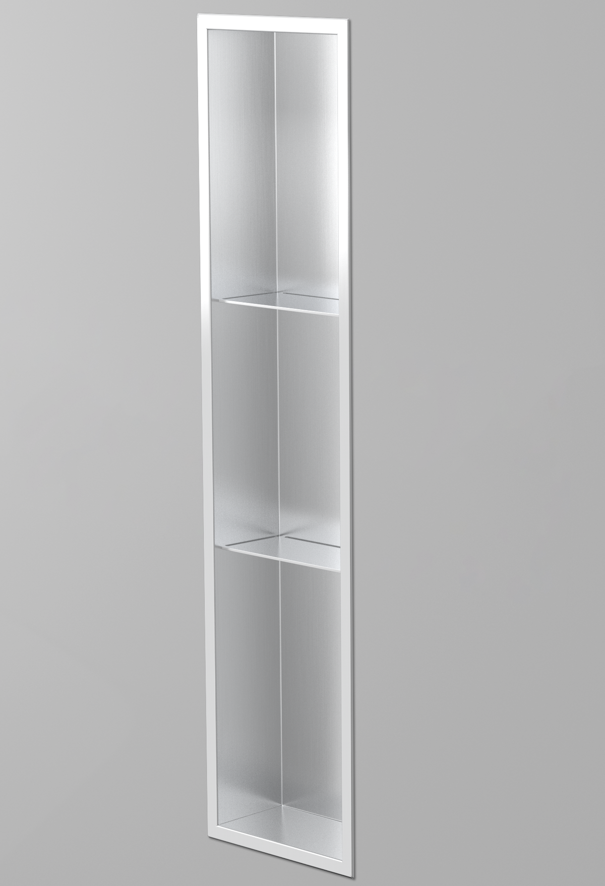 Ana wall niche, 36 × 8 in, brushed stainless steel, recessed in a plain gray wall, three-quarter view