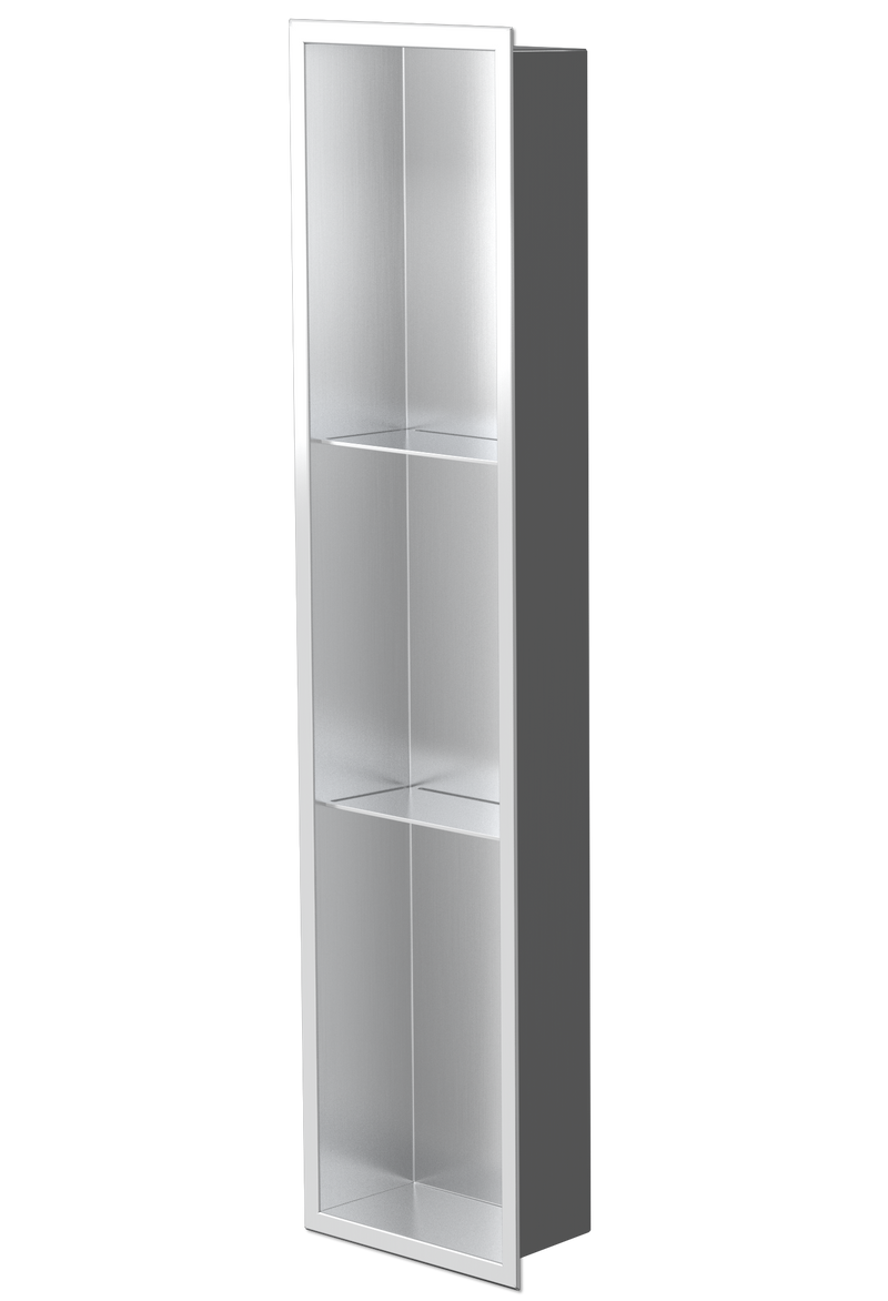 Ana wall niche, 36 × 8 in, brushed stainless steel, three-quarter view on a transparent background
