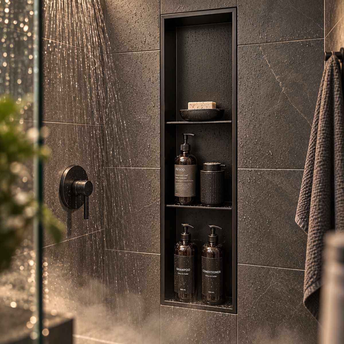 Ana wall niche, 36 × 8 in, matte black, recessed in a shower wall, bottles and soap stored inside