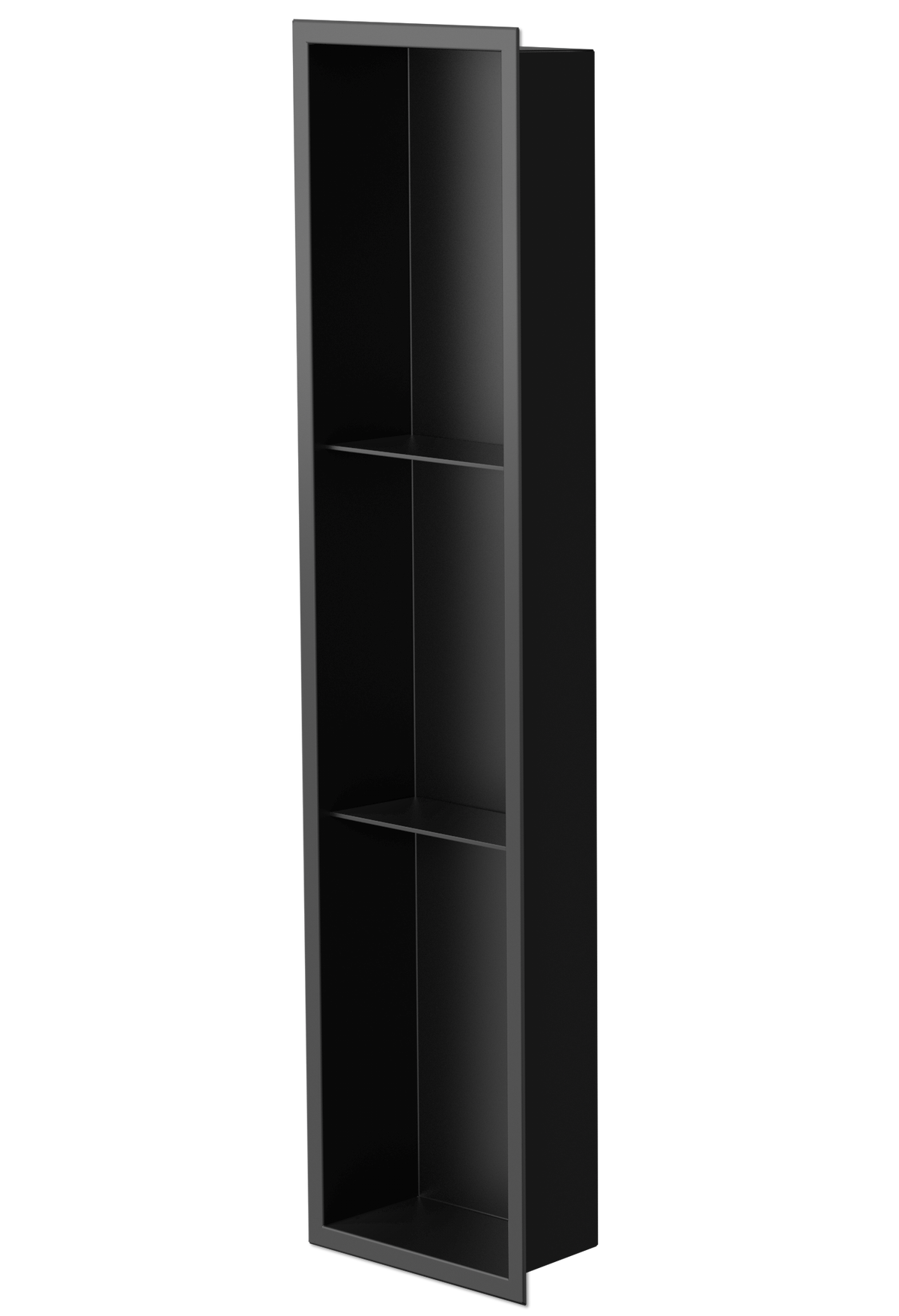Ana wall niche, 36 × 8 in, matte black, three-quarter view on a transparent background