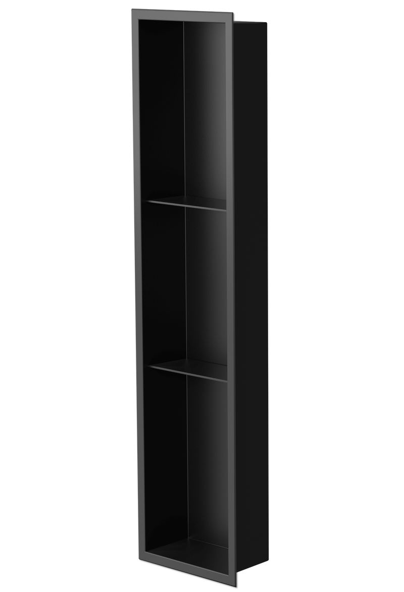 Ana wall niche, 36 × 8 in, matte black, three-quarter view on a transparent background