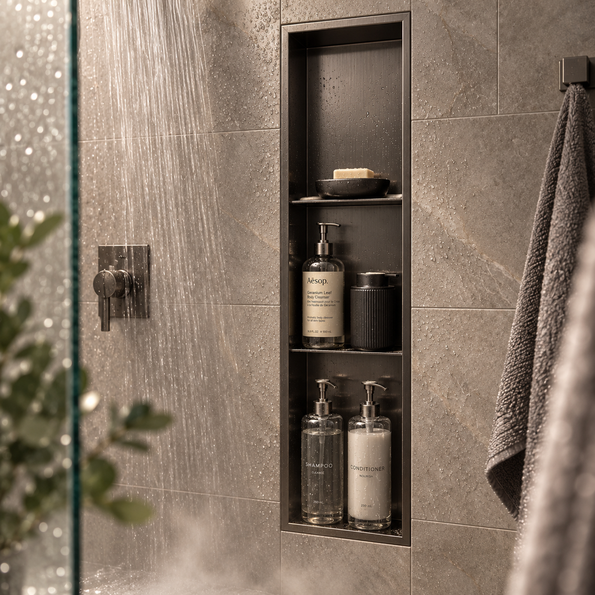 Ana wall niche, 36 × 8 in, black PVD, recessed in a shower wall, bottles and soap stored inside