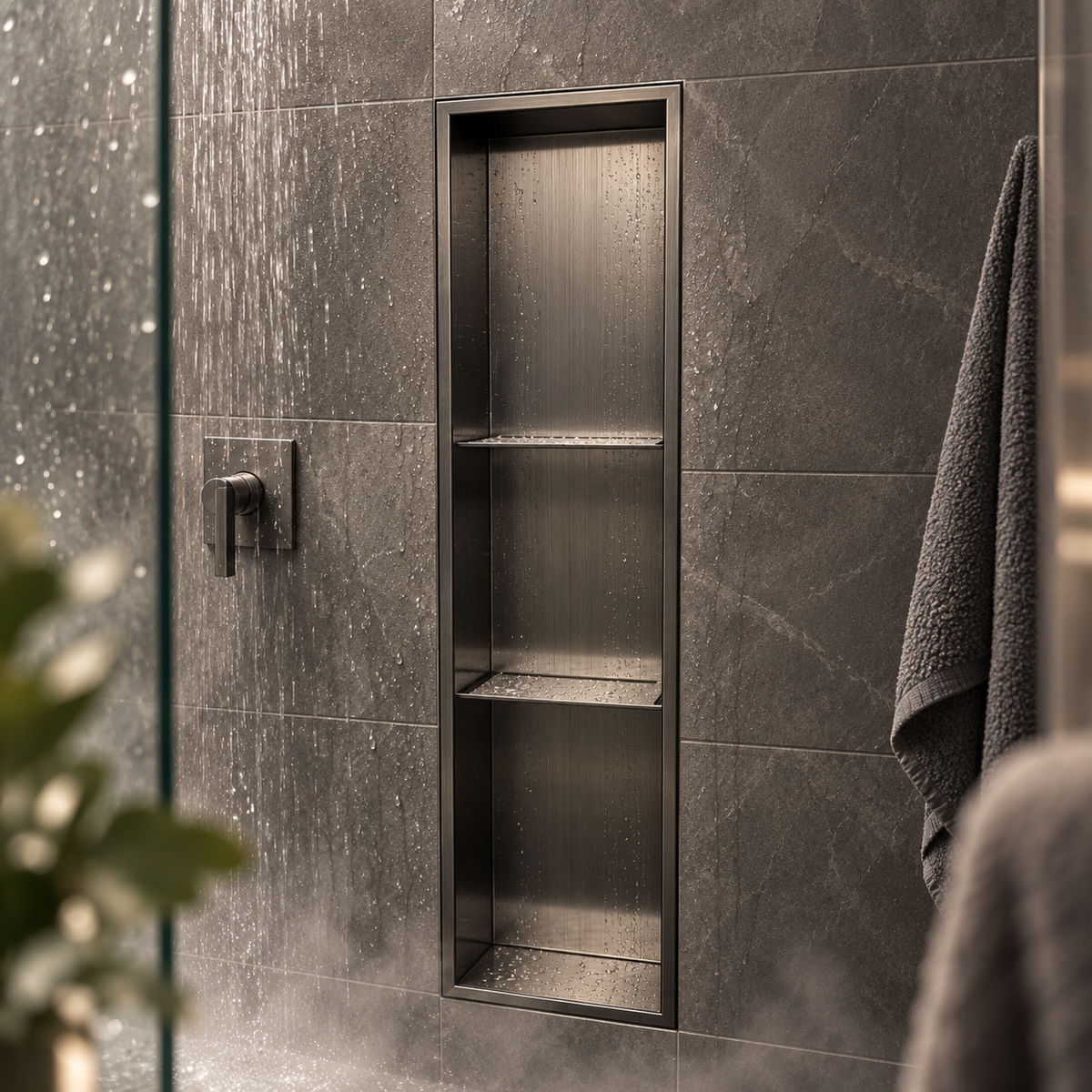 Ana wall niche, 36 × 8 in, black PVD, recessed in a shower wall, empty