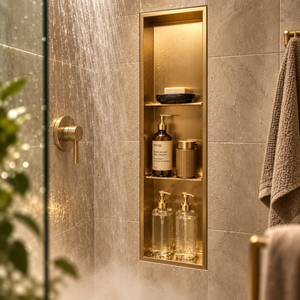 Ana wall niche, 36 × 8 in, gold PVD, recessed in a shower wall, bottles and soap stored inside