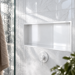 Andy wall niche, 12 × 24 in, glossy white, recessed in a shower wall, empty