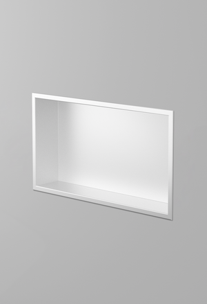 Andy wall niche, 12 × 24 in, matte white, recessed in a plain gray wall, three-quarter view