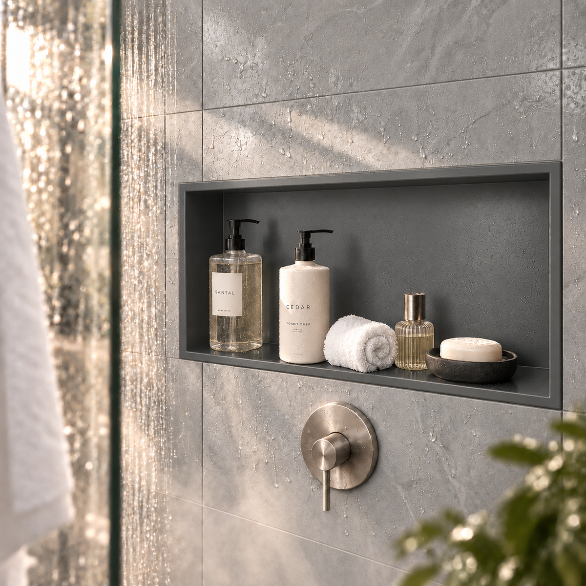 Andy wall niche, 12 × 24 in, matte gray, recessed in a shower wall, bottles and soap stored inside