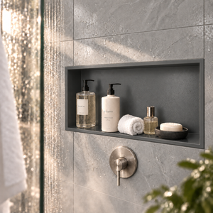Andy wall niche, 12 × 24 in, matte gray, recessed in a shower wall, bottles and soap stored inside