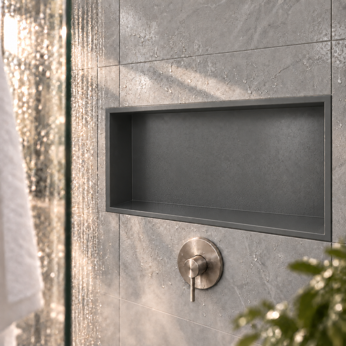 Andy wall niche, 12 × 24 in, matte gray, recessed in a shower wall, empty