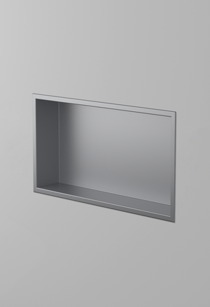 Andy wall niche, 12 × 24 in, matte gray, recessed in a plain gray wall, three-quarter view