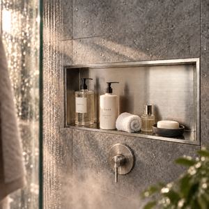 Andy wall niche, 12 × 24 in, brushed stainless steel, recessed in a shower wall, bottles and soap stored inside