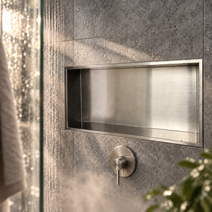 Andy wall niche, 12 × 24 in, brushed stainless steel, recessed in a shower wall, empty