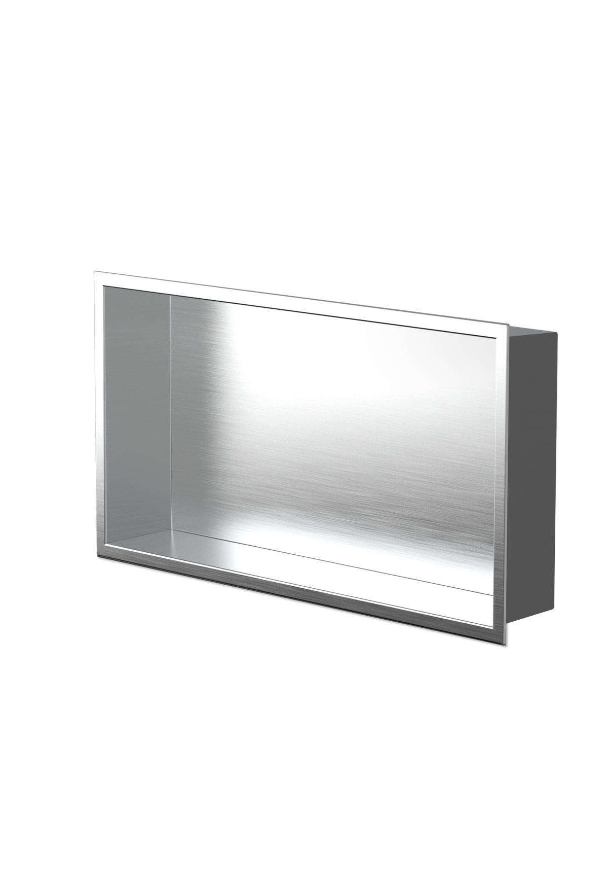 Andy wall niche, 12 × 24 in, brushed stainless steel, three-quarter view on a transparent background