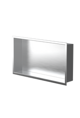 Andy wall niche, 12 × 24 in, brushed stainless steel, three-quarter view on a transparent background