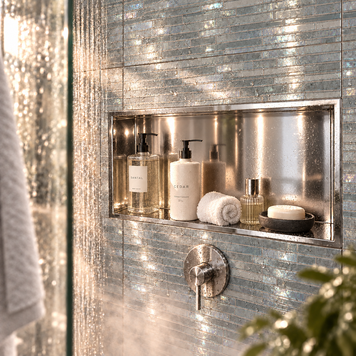 Andy wall niche, 12 × 24 in, mirror finish, recessed in a shower wall, bottles and soap stored inside