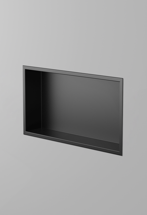 Andy wall niche, 12 × 24 in, matte black, recessed in a plain gray wall, three-quarter view