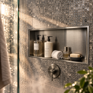Andy wall niche, 12 × 24 in, black PVD, recessed in a shower wall, bottles and soap stored inside