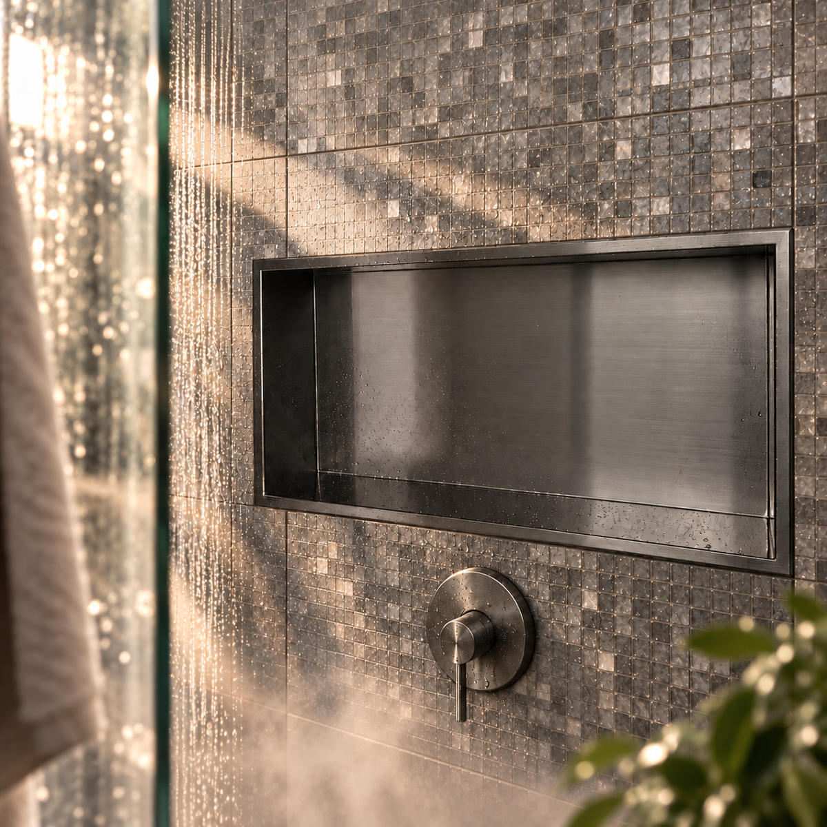 Andy wall niche, 12 × 24 in, black PVD, recessed in a shower wall, empty