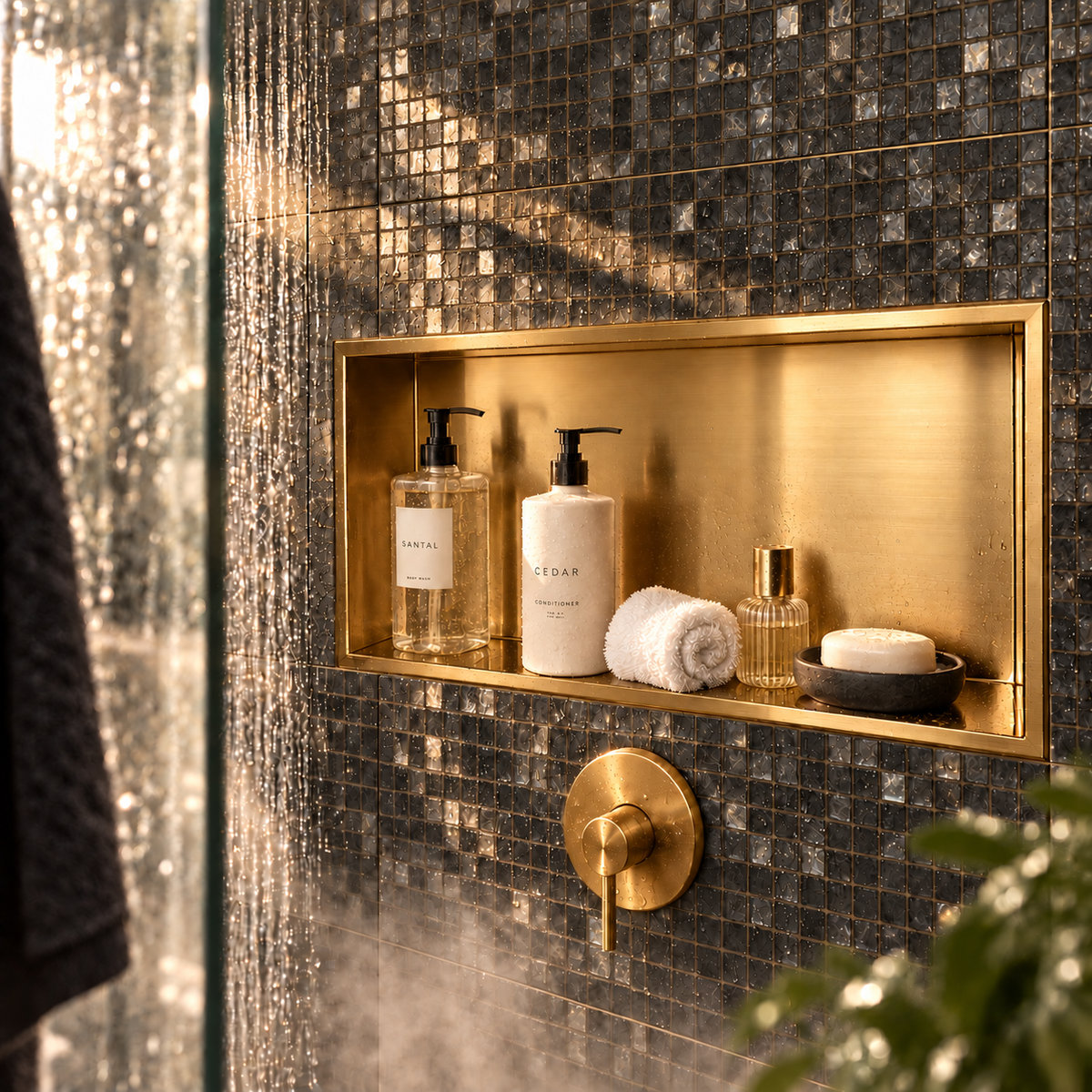 Andy wall niche, 12 × 24 in, gold PVD, recessed in a shower wall, bottles and soap stored inside
