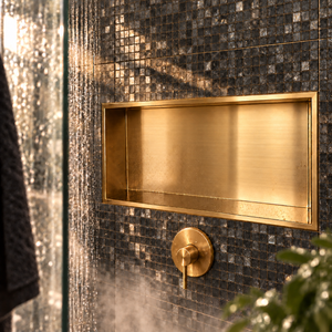 Andy wall niche, 12 × 24 in, gold PVD, recessed in a shower wall, empty