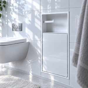 Niche WC 24 × 10,5 po blanc lustré encastrée dans un mur carrelé blanc, à côté d'une toilette suspendue, porte fermée, compartiment du haut vide