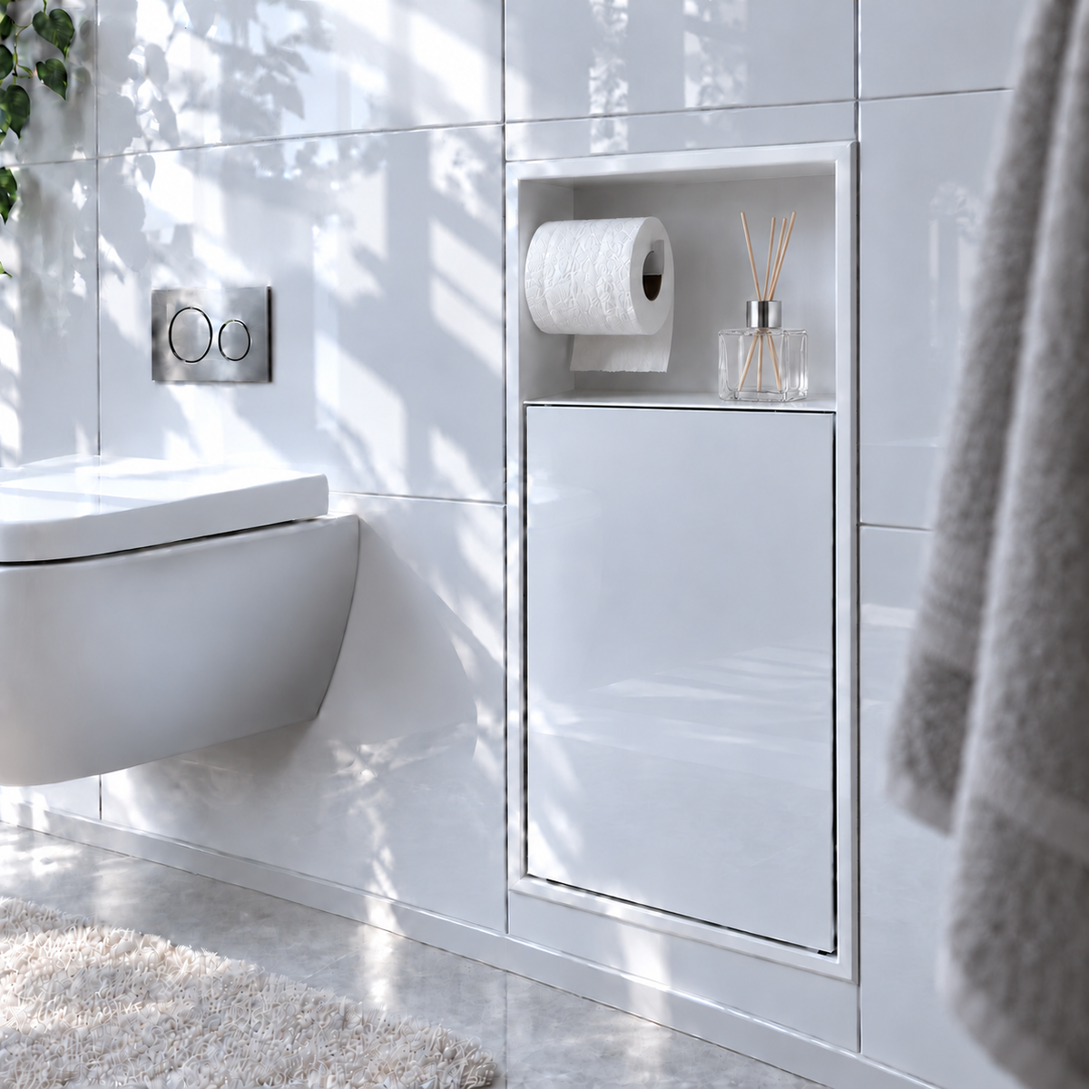 Niche WC blanc lustré 24 × 10,5 po, porte fermée : rouleau de papier et un diffuseur à bâtonnets posés sur la tablette du haut