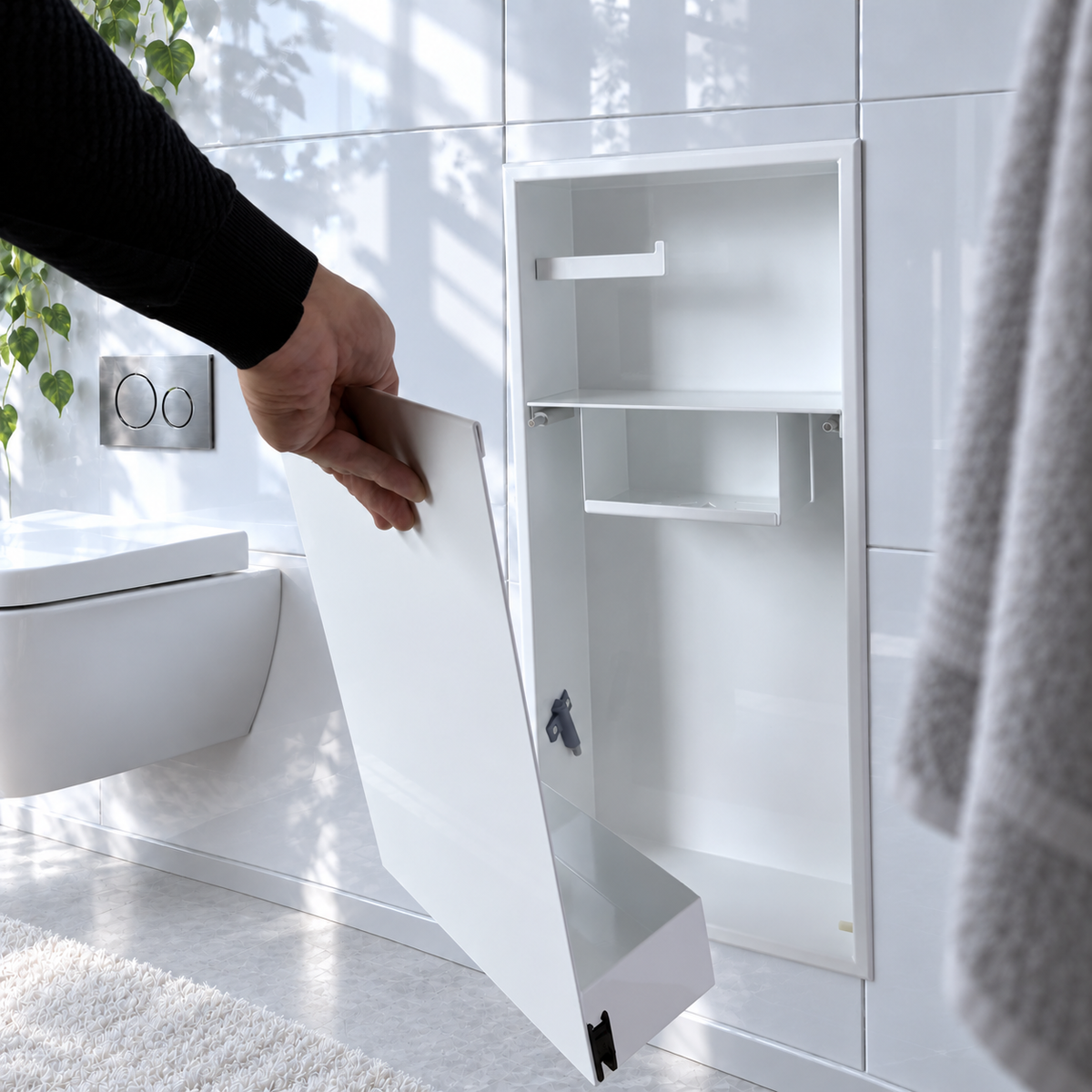 Une main retire la porte de la niche WC blanc lustré 24 × 10,5 po, qui se démonte sans outils pour le nettoyage
