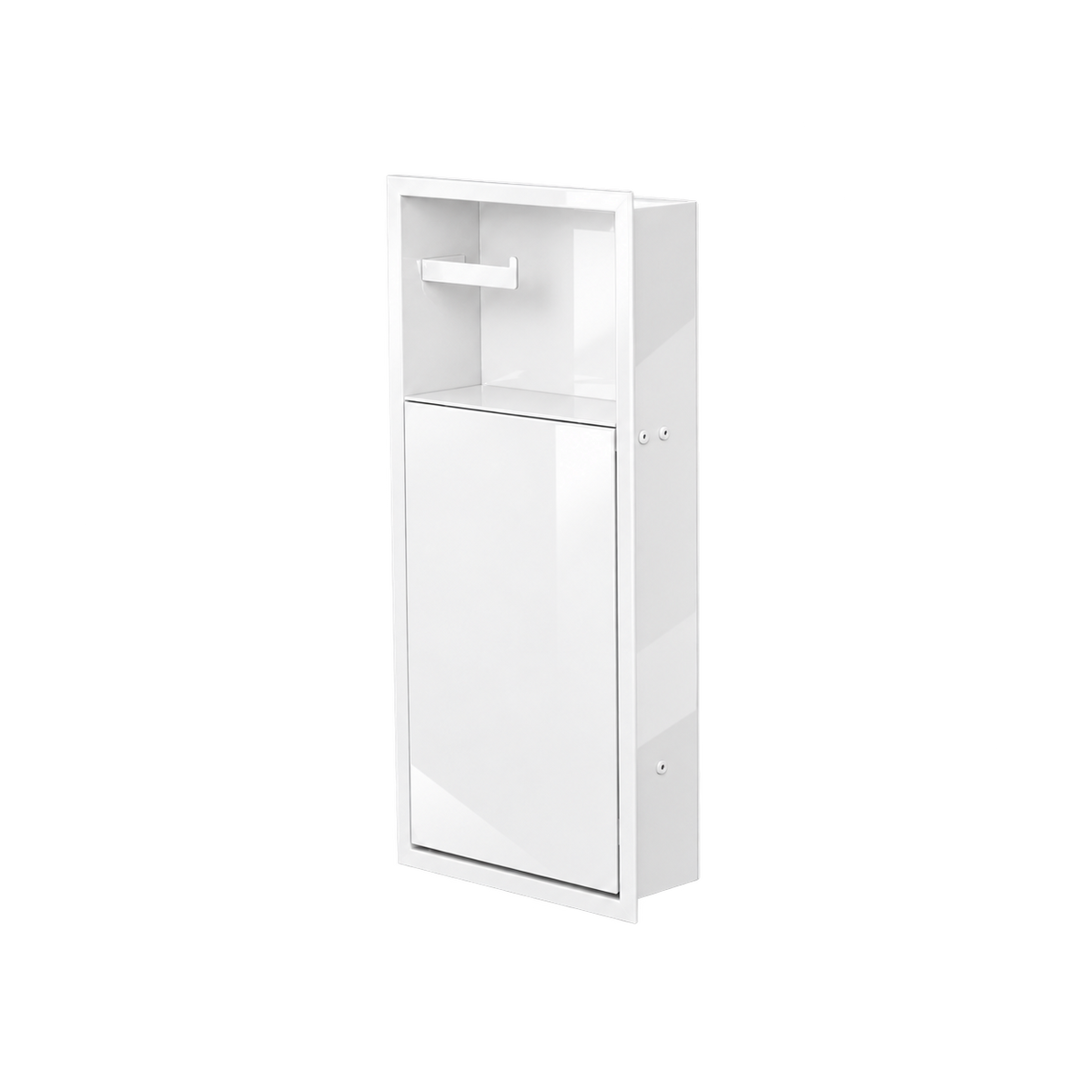 Niche WC 24 × 10,5 po blanc lustré de trois quarts sur fond transparent, porte fermée, compartiment du haut vide