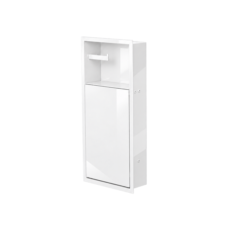 Glossy white toilet niche, 24 × 10.5 in, three-quarter view on a transparent background, door closed, upper compartment empty