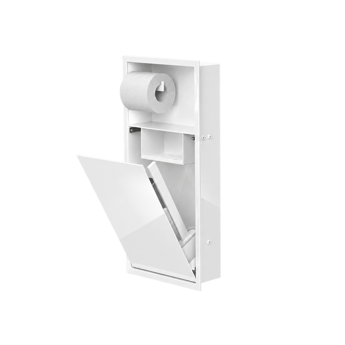 Niche WC 24 × 10,5 po blanc lustré de trois quarts, porte ouverte : rouleau en place, tablette et accessoires rangés