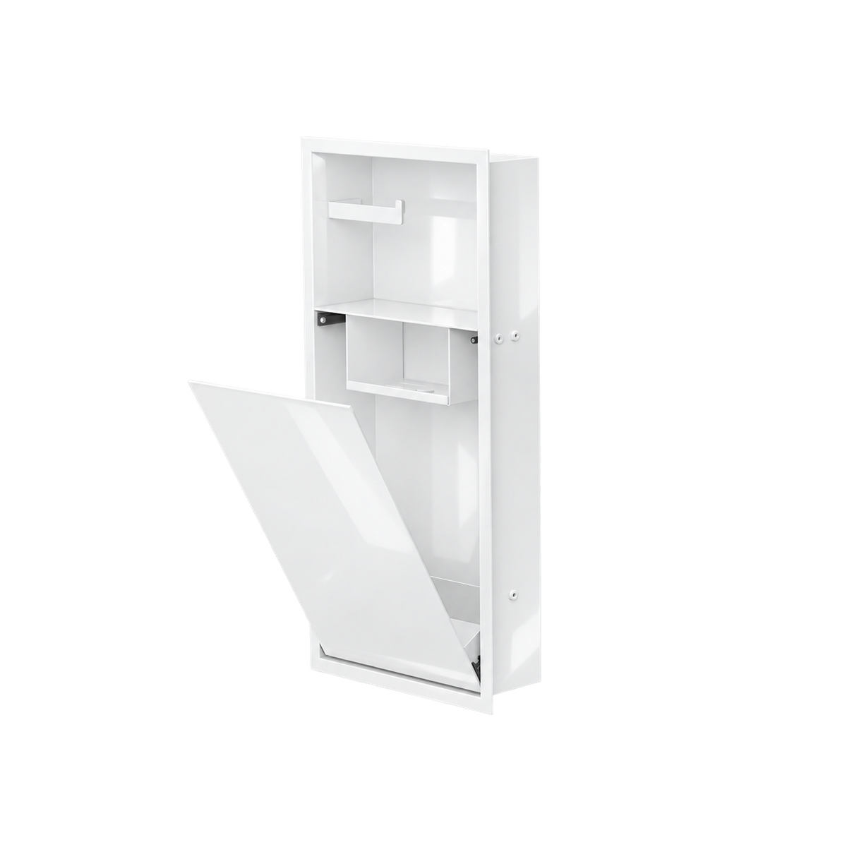 Niche WC 24 × 10,5 po blanc lustré de trois quarts, porte basculante ouverte sur la tablette et le compartiment du bas