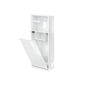 Niche WC 24 × 10,5 po blanc lustré de trois quarts, porte basculante ouverte sur la tablette et le compartiment du bas