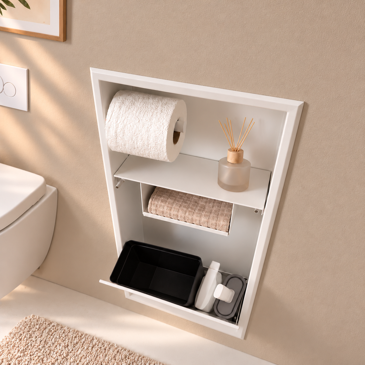 Porte grande ouverte sur la niche WC blanc mat 24 × 10,5 po : bac noir et accessoires de nettoyage rangés dans le compartiment du bas