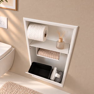 Porte grande ouverte sur la niche WC blanc mat 24 × 10,5 po : bac noir et accessoires de nettoyage rangés dans le compartiment du bas