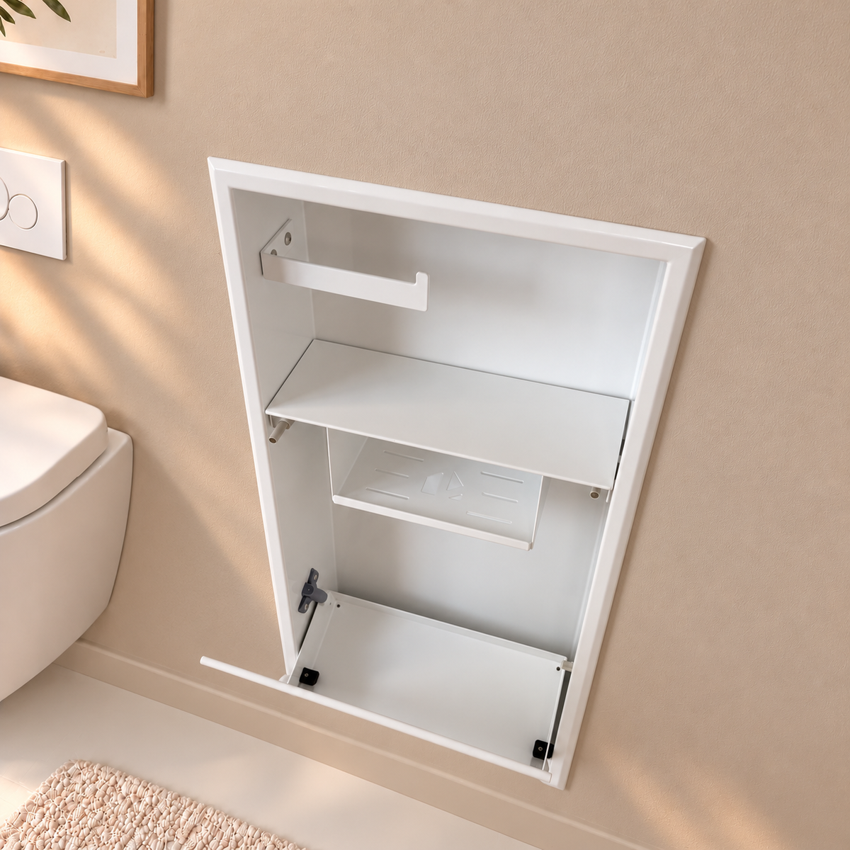 Intérieur de la niche WC blanc mat 24 × 10,5 po vu de face, porte basculée : support à papier, tablette et compartiment du bas