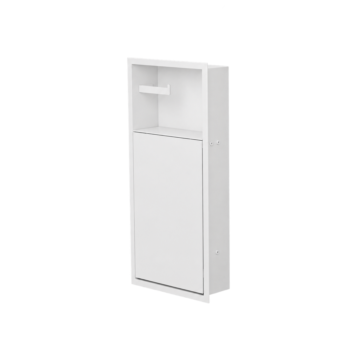 Niche WC 24 × 10,5 po blanc mat de trois quarts sur fond transparent, porte fermée, compartiment du haut vide