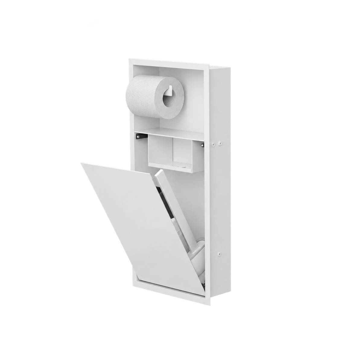 Niche WC 24 × 10,5 po blanc mat de trois quarts, porte ouverte : rouleau en place, tablette et accessoires rangés