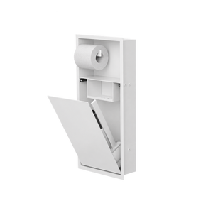 Niche WC 24 × 10,5 po blanc mat de trois quarts, porte ouverte : rouleau en place, tablette et accessoires rangés