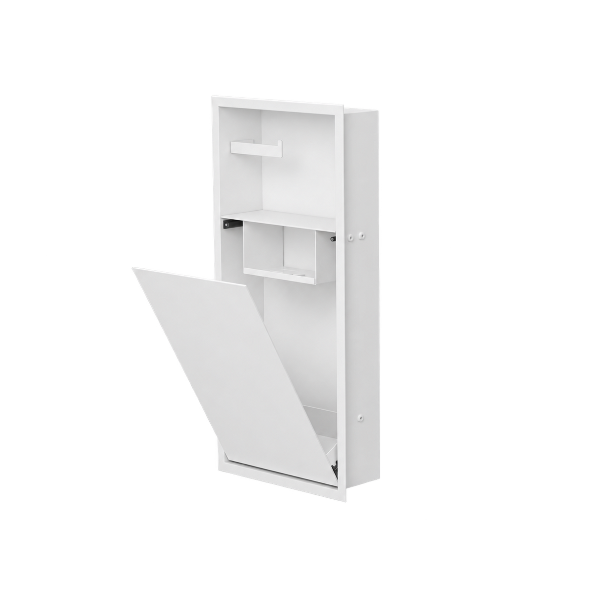 Niche WC 24 × 10,5 po blanc mat de trois quarts, porte basculante ouverte sur la tablette et le compartiment du bas