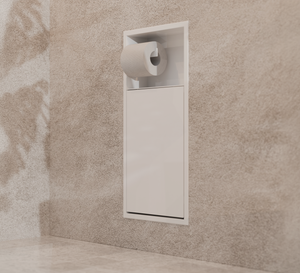 La niche WC blanc mat 24 × 10,5 po garde sa porte fermée en salle d’eau crépie, rouleau prêt à l’usage