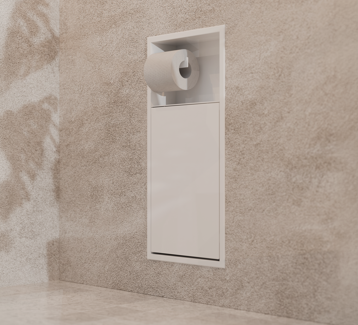 La niche WC blanc mat 24 × 10,5 po garde sa porte fermée en salle d’eau crépie, rouleau prêt à l’usage