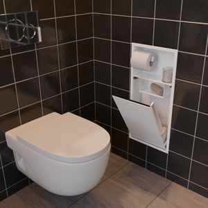 Blanc mat, 24 × 10,5 po : papier, bougie, serviette roulée et brosse garnissent la niche WC ouverte, en salle de bain