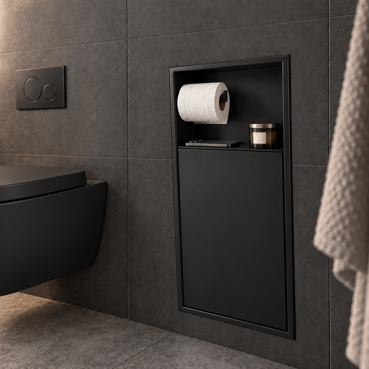 Niche WC noir mat 24 × 10,5 po, porte fermée : rouleau de papier et une petite bougie posés sur la tablette du haut