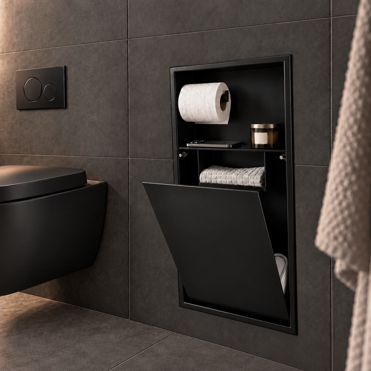 Niche WC noir mat 24 × 10,5 po, porte basculante ouverte : rouleau, une petite bougie et serviette pliée à portée de main