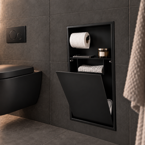 Niche WC noir mat 24 × 10,5 po, porte basculante ouverte : rouleau, une petite bougie et serviette pliée à portée de main