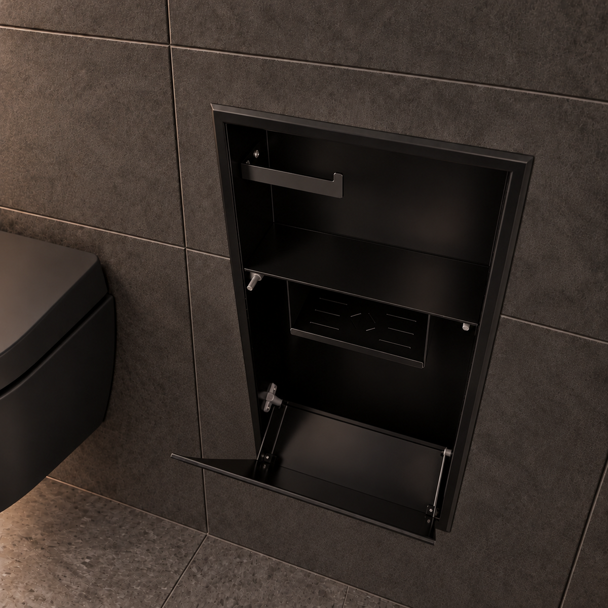 Intérieur de la niche WC noir mat 24 × 10,5 po vu de face, porte basculée : support à papier, tablette et compartiment du bas
