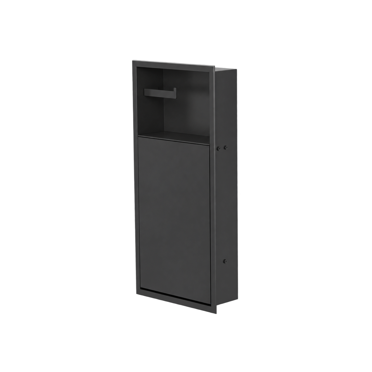 Niche WC 24 × 10,5 po noir mat de trois quarts sur fond transparent, porte fermée, compartiment du haut vide