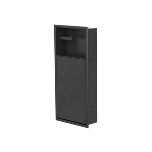 Niche WC 24 × 10,5 po noir mat de trois quarts sur fond transparent, porte fermée, compartiment du haut vide
