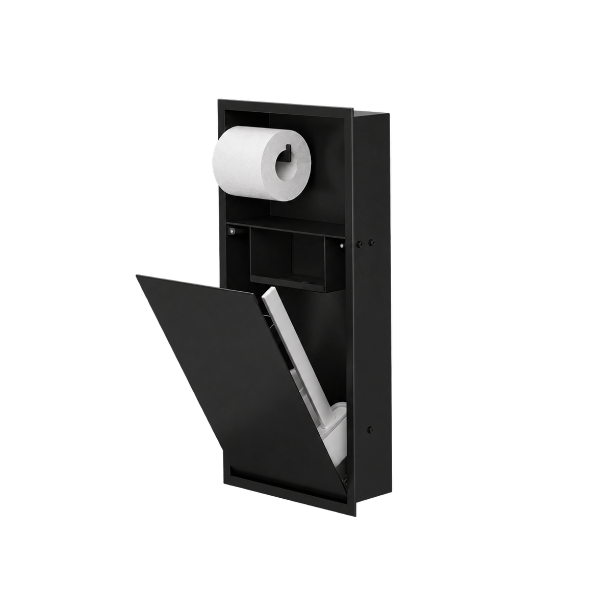 Niche WC 24 × 10,5 po noir mat de trois quarts, porte ouverte : rouleau en place, tablette et accessoires rangés