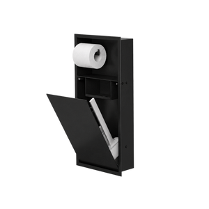 Niche WC 24 × 10,5 po noir mat de trois quarts, porte ouverte : rouleau en place, tablette et accessoires rangés